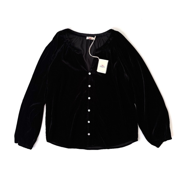 Faherty NWT Silk Blend Naomi Velvet Split V-Neck Button Up Shirt Black Medium - Picture 2 of 5